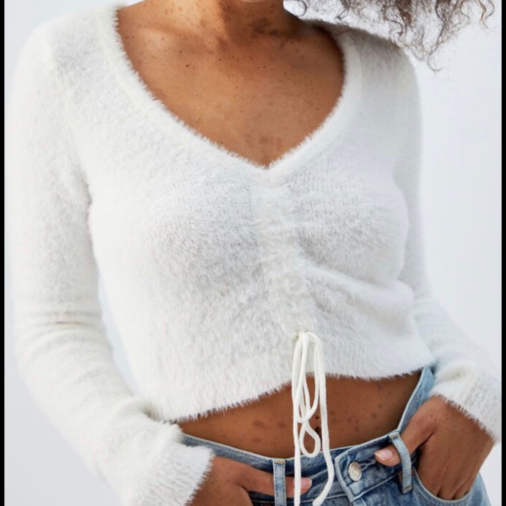 Fuzzy cinched crop sweater